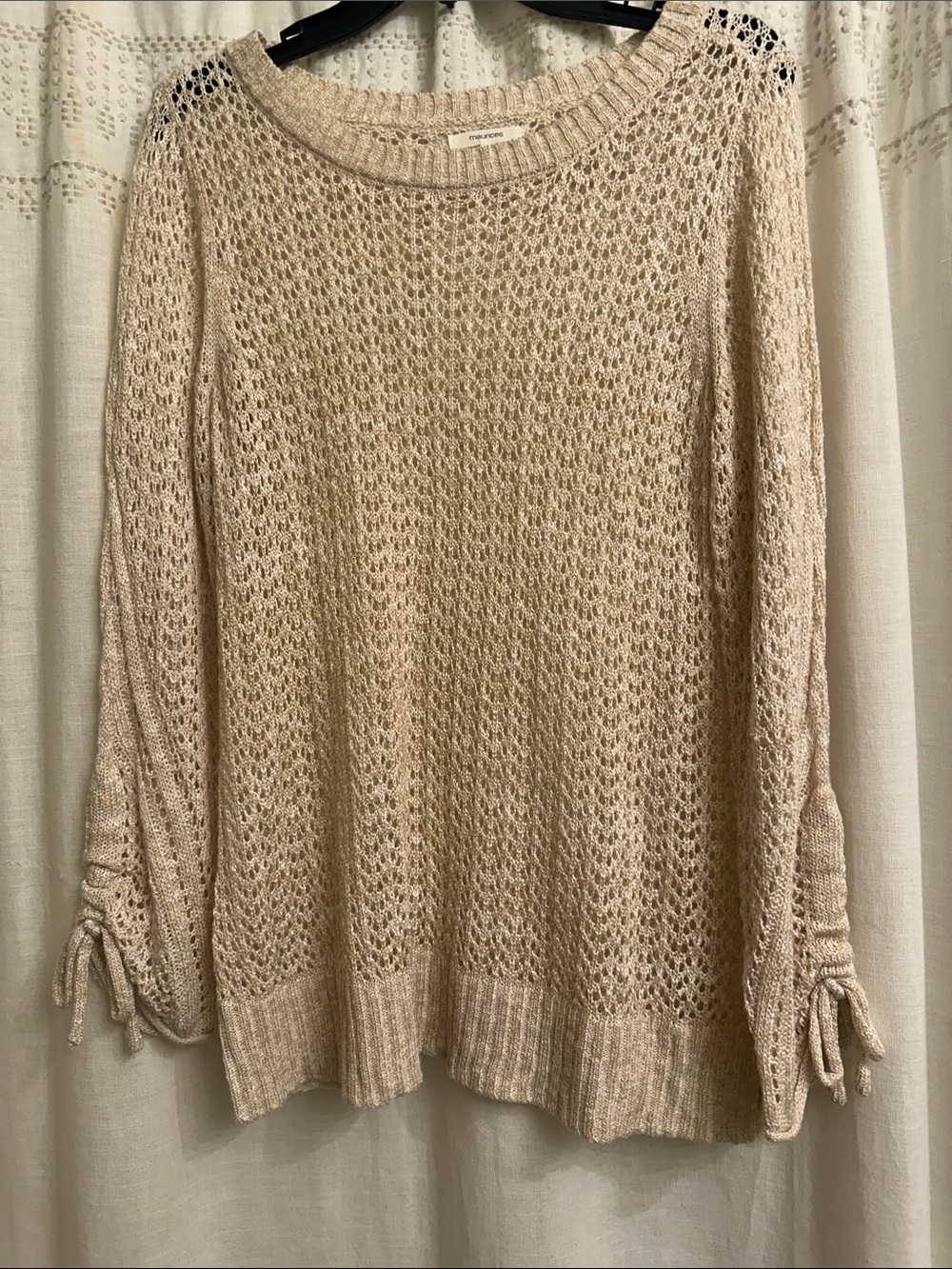 Maurices Open-Knit Scoop Neck Sweater in Beige with Tie Cuffs